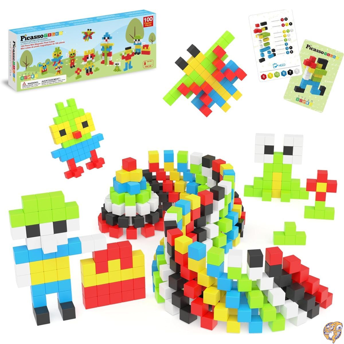PicassoTiles 0.5” Pixel Magnetic Puzzle Cube 100 Piece Mix & Match Cubes Sensory Toys STEAM Education Learning Building Block Magnets Children Construction Toy Set Stacking Magnet Creative Kit PMC100