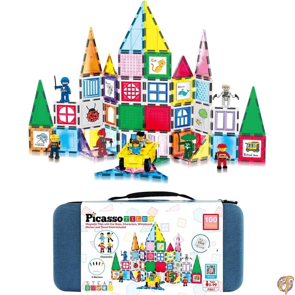 【クーポン配信中】PicassoTiles マグネットタイル構築ブロックセット キャリーケース付き カーベース マグネット8個 キャラクター ホワイトボードマーカー アイデアブック マグネットおもちゃキット プレイセット キッズ STEM 学習 PB01｜アメリカグッドバイブス