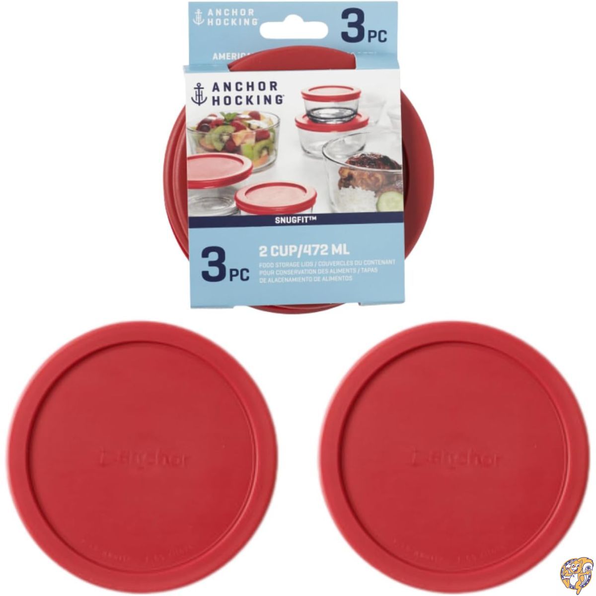 Anchor Hocking クラシックラウンドフードストレージスナッグフィット交換用蓋 レッド 2カップ 3個セット