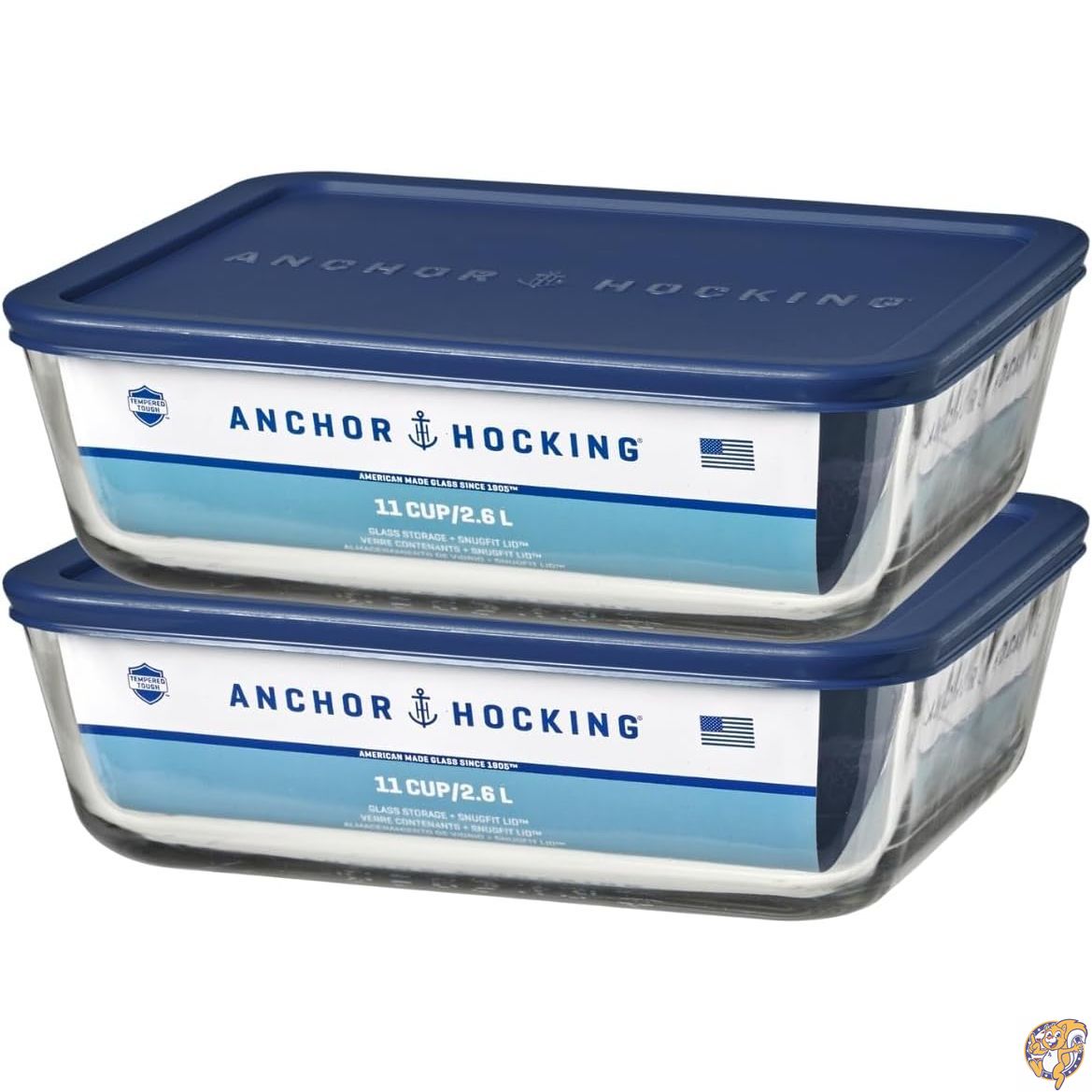 【クーポン配信中】Anchor Hocking (アンカーホッキング) 11カップ ガラス保存容器 2個セット ネイビー SnugFit蓋付き 大容量 耐熱ガラス｜アメリカグッドバイブス