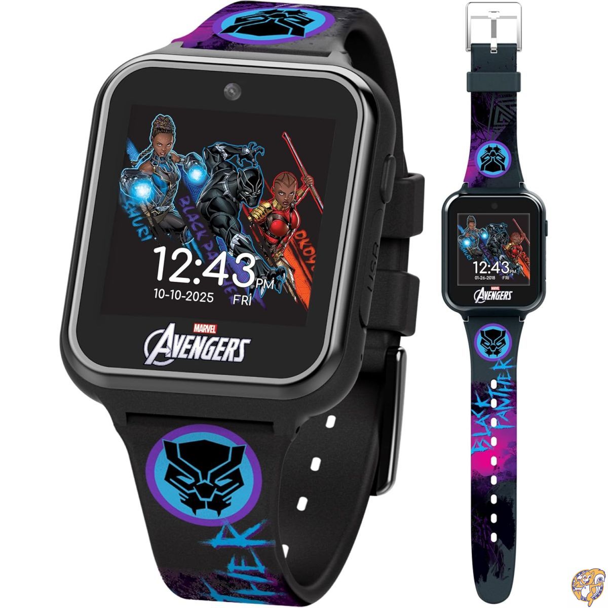 【最大777円クーポン配信】Accutime マーベル ブラックパンサー キッズ向け 知育タッチスクリーン スマートウォッチ - 自撮りカメラ、学習ゲーム、アラーム、計算機、歩数計搭載（男の子・女の子・幼児向け / モデル: AVG4608AZ）