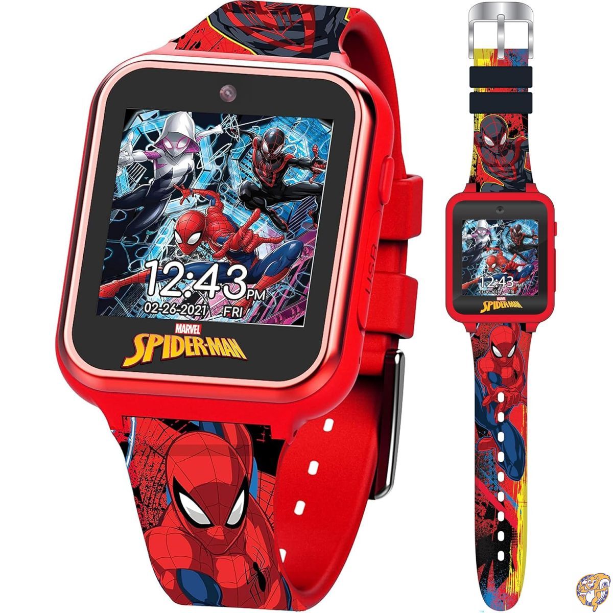 Spider-Man キッズ スマートウォッチ - 10種類のカスタマイズ文字盤、カメラ、ゲーム、アラーム、歩数計などを搭載した多機能モデル。マーベル公式シリコンストラップ付で男の子へのプレゼントに最適。手首周り約14cm~20.3cm(5.5~8.0インチ)に対応。