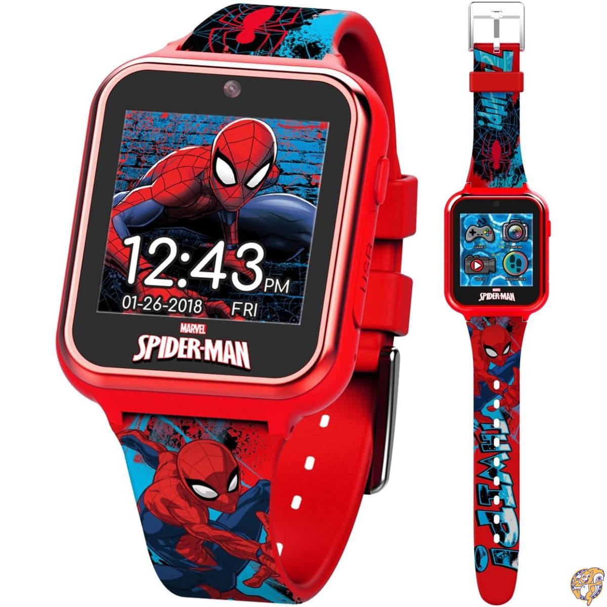【最大777円クーポン配信】Accutime Marvel Spider-Man（スパイダーマン）子供用 スマートウォッチ レッド タッチスクリーン 知育玩具 [自撮りカメラ/ゲーム/アラーム/電卓/歩数計 搭載] 男の子 女の子 (モデル: SPD4588AZ)
