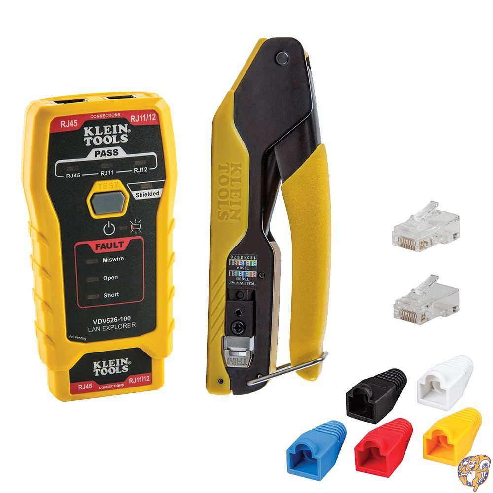 【百貨店大売り出し!引き換え証送達中】Klein Tools 80093 Cable Tester, VDV ローカルエリアネットワーク Kit with Pass Thru Crimper, CAT6/CAT5e Plugs and Strain Relief Boots, 5-Piece