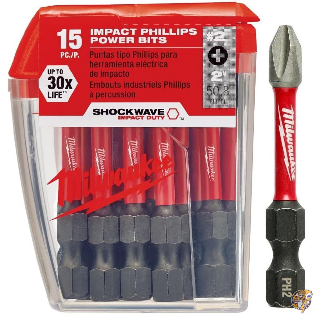 Milwaukee SHOCKWAVE #2 Phillips Bit Pack of 15, 2 Inch Length