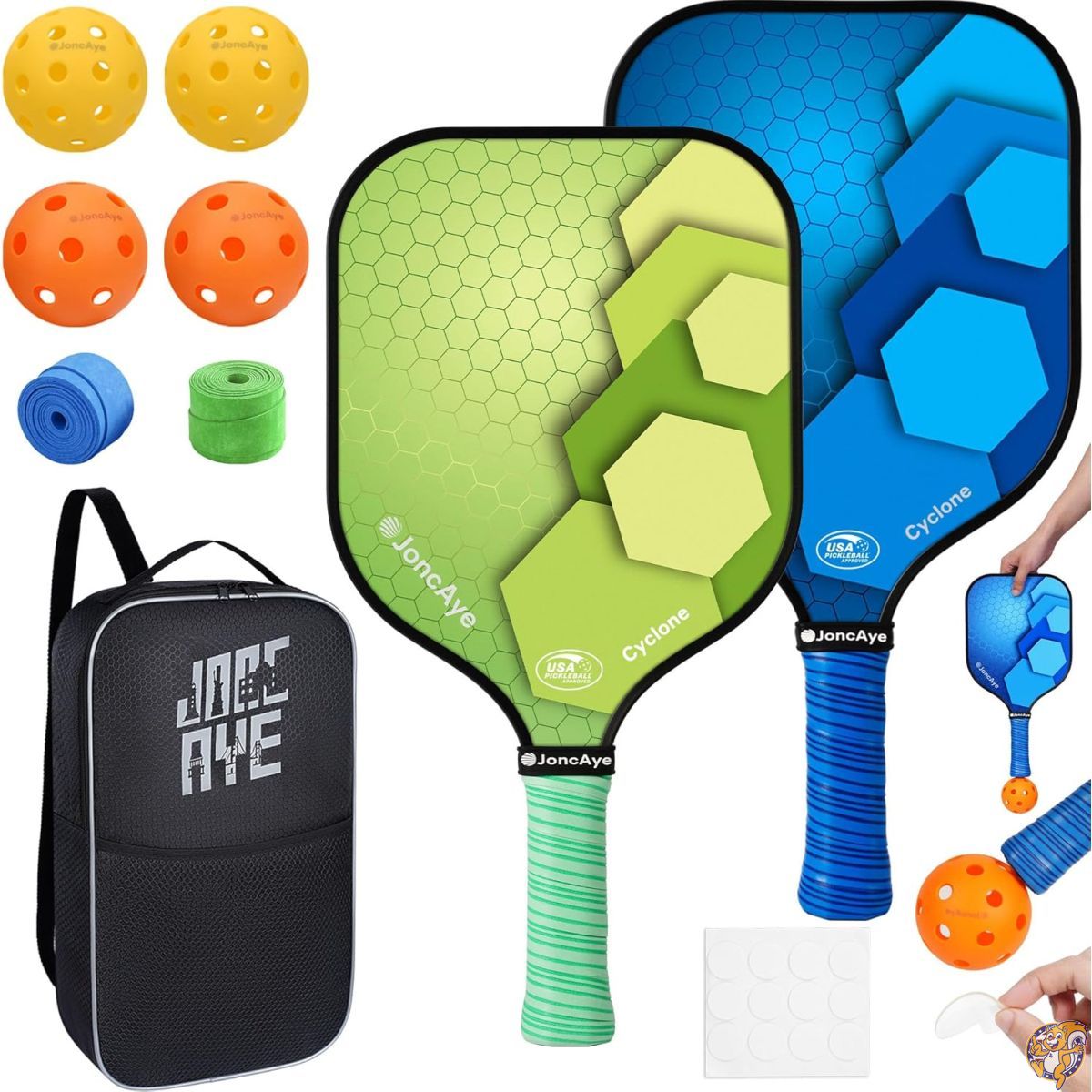 【百貨店大売り出し!引き換え証送達中】Pickleball-Paddles-Set-of-2, JoncAye Pickleball Racquets with Indoor Outdoor Balls, Paddle Case, Ball Bag, Lead Tape | Fiberglass Pickle-Ball-Paddle-Set-of-2 for Beginners Intermediates, Blue Green