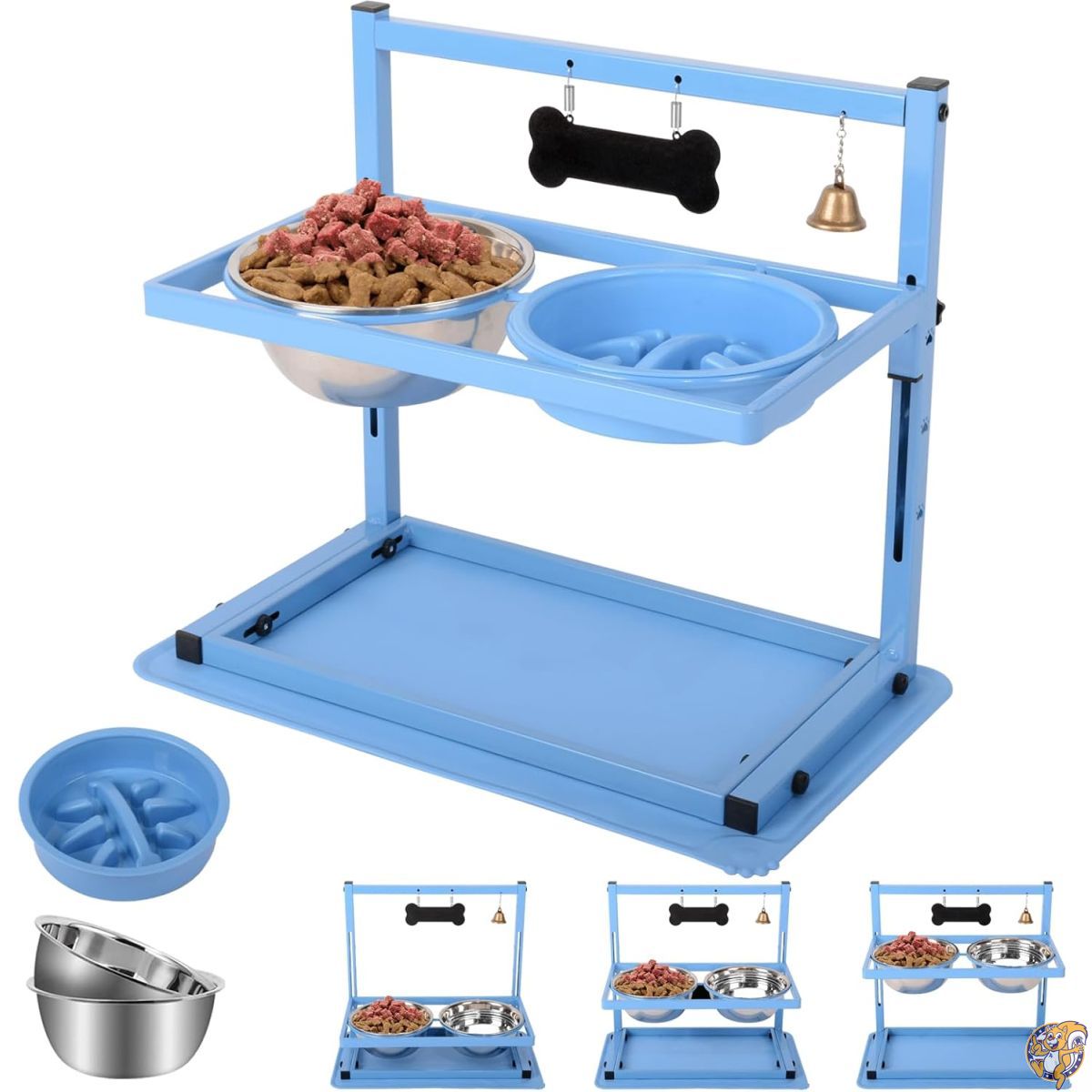 【百貨店大売り出し!クーポン券配達中】SHAINFUN Blue Raised Dog Bowl Stand with Two 1700ml Stainless Steel Food Bowl, a Slow Feeder and Spill Proof Mat, Adjustable Feeder, Elevated Bowls for Large Medium Small Dogs.
