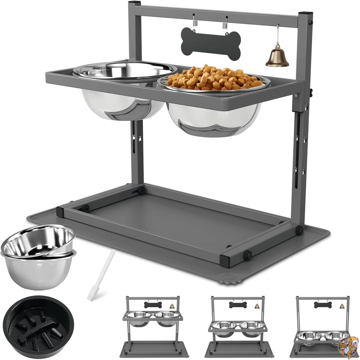 【百貨店大売り出し!クーポン券配達中】SHAINFUN Grey Raised Dog Bowl Stand with Two 1700ml Stainless Steel Food Bowl, a Slow Feeder and Silicone Pet Feeding Mat, Adjustable Feeder, Elevated Bowls for Large Medium Small Dogs