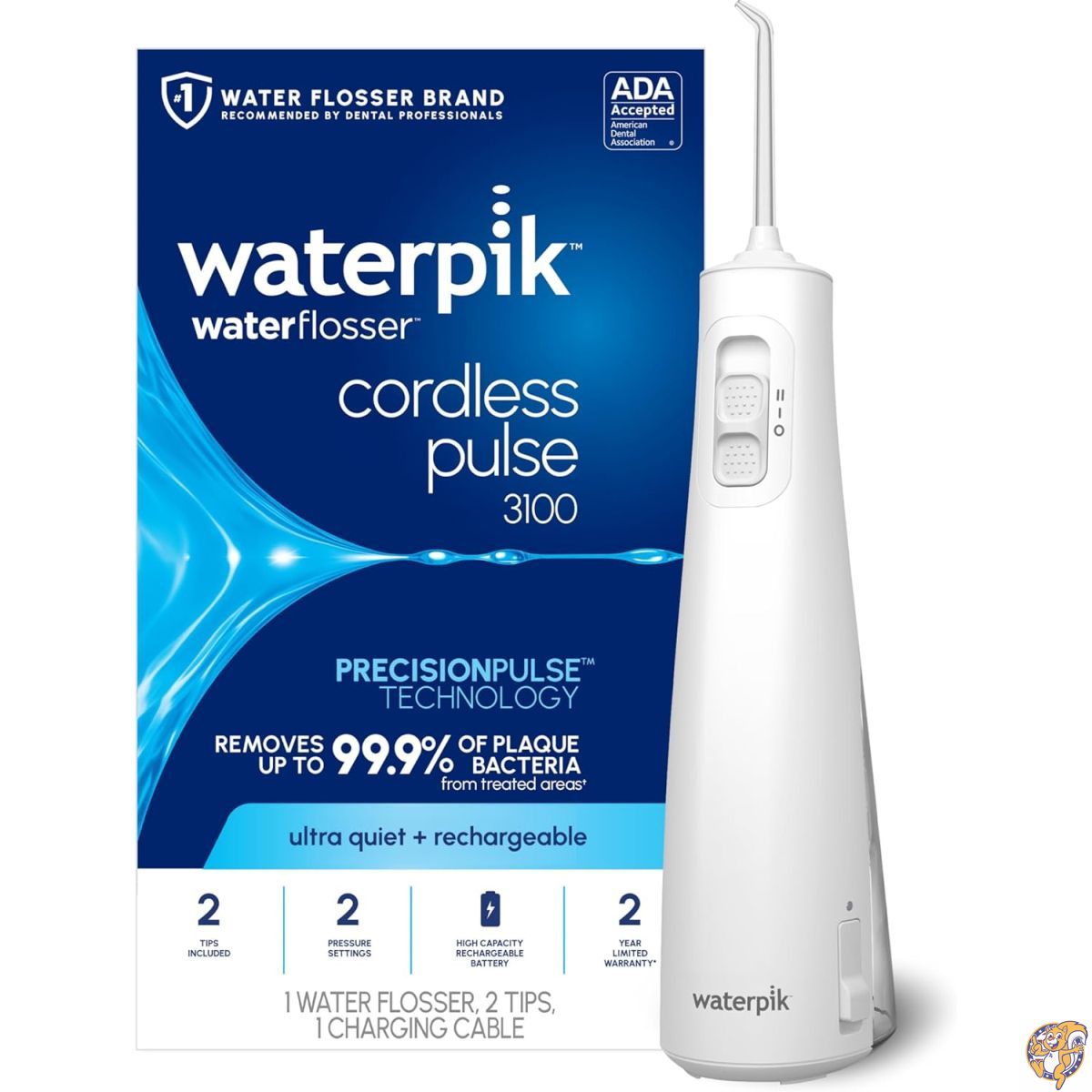 【クーポン配信中】Waterpik コードレス パルス 充電式ポータブルウォーターフロッサー (口腔洗浄器) 歯・歯茎・矯正器具のケアに最適 旅行用 チップ2本付属 防水仕様 ADA認証取得 WF 20 ホワイト｜アメリカグッドバイブス