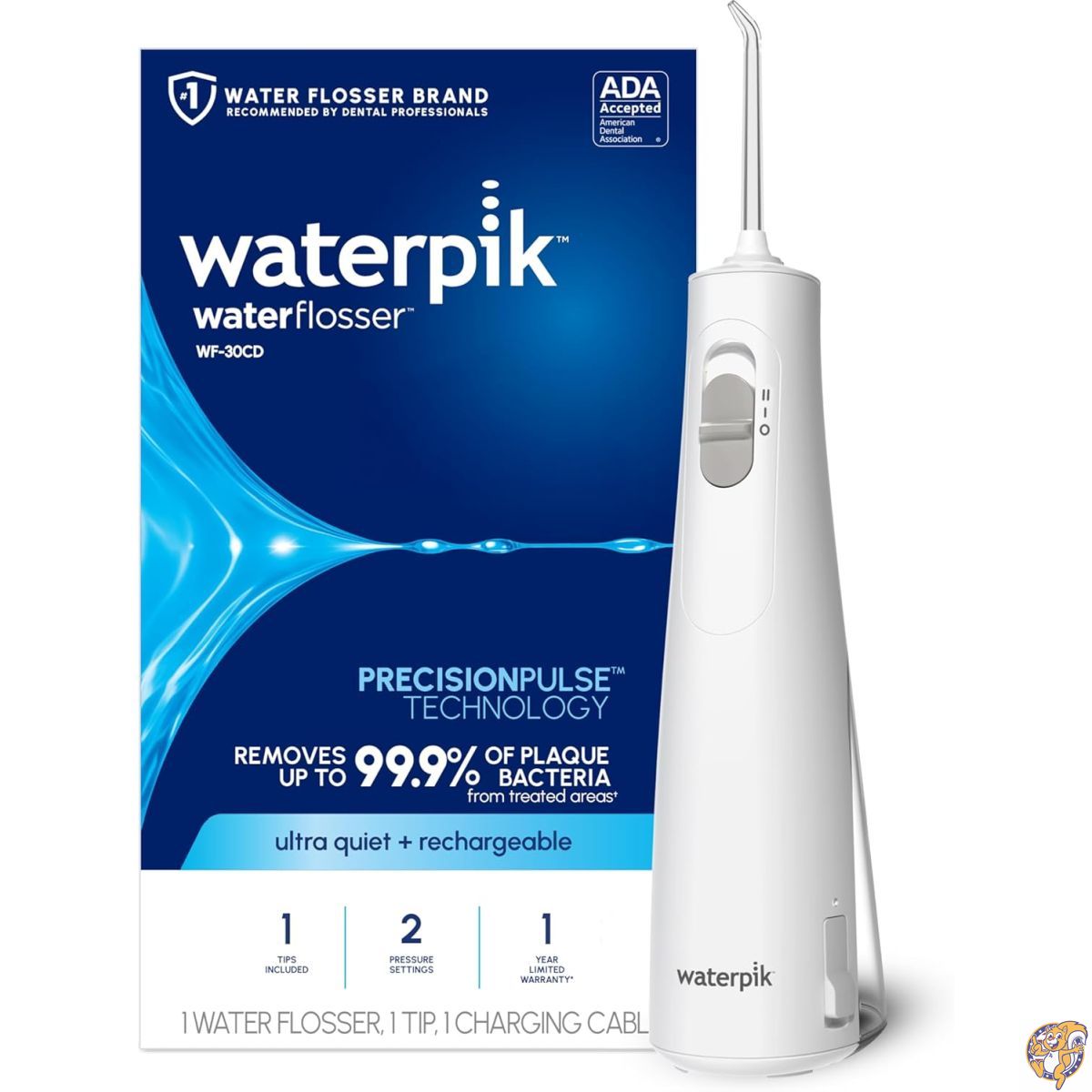 【クーポン配信中】Waterpik コードレス1100 充電式ポータブルウォーターフロッサー 歯のクリーニングとフロッシング/旅行/ブレースケア/健康な歯茎/シャワー用防水 ADA承認 WF-30CD ホワイト パッケージが異なる場合があります｜アメリカグッドバイブス