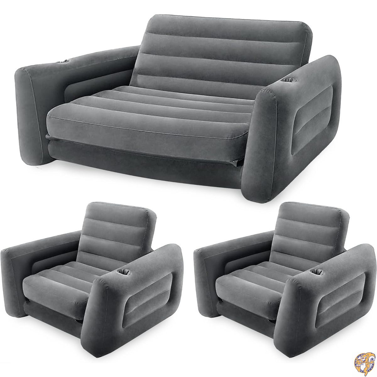 【クーポン配信中】Intex 空気注入式家具セット クイーンサイズの引き出し式ソファベッドとソファースリーパー2台、グレー - エアマットレス ポータブルソファ ラウンジチェア ゲストベッド|アメリカグッドバイブス