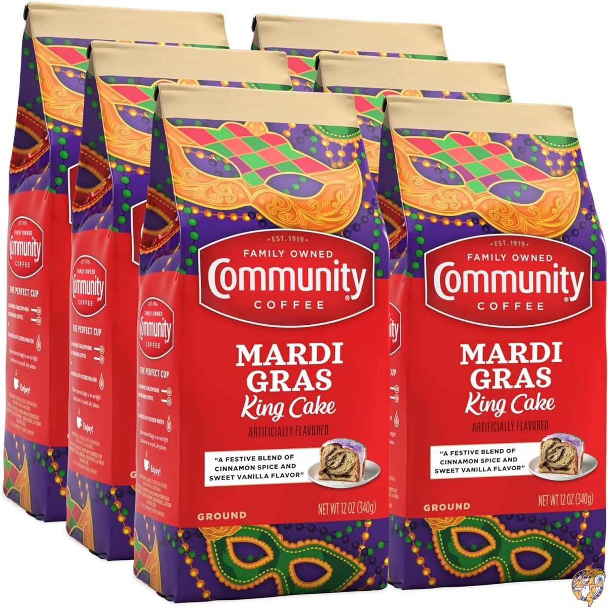 【クーポン配信中】Community Coffee Mardi Gras King Cake フレーバーコーヒー (中煎り・粉タイプ) 12オンス (約340g) ×6袋セット|アメリカグッドバイブス