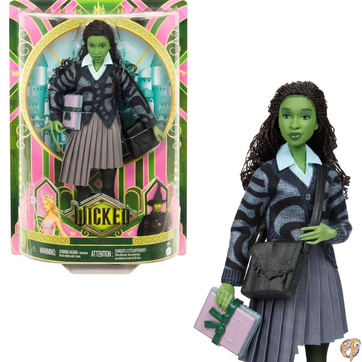 【百貨店大売り出し!クーポン券配達中】Mattel ユニバーサル ウィキッド エルファバ 流行り物お人形さん \u0026 添え物 緑であることの肌 編み込み 黒髪 モビール性 取りはらい能力のある 教え子服