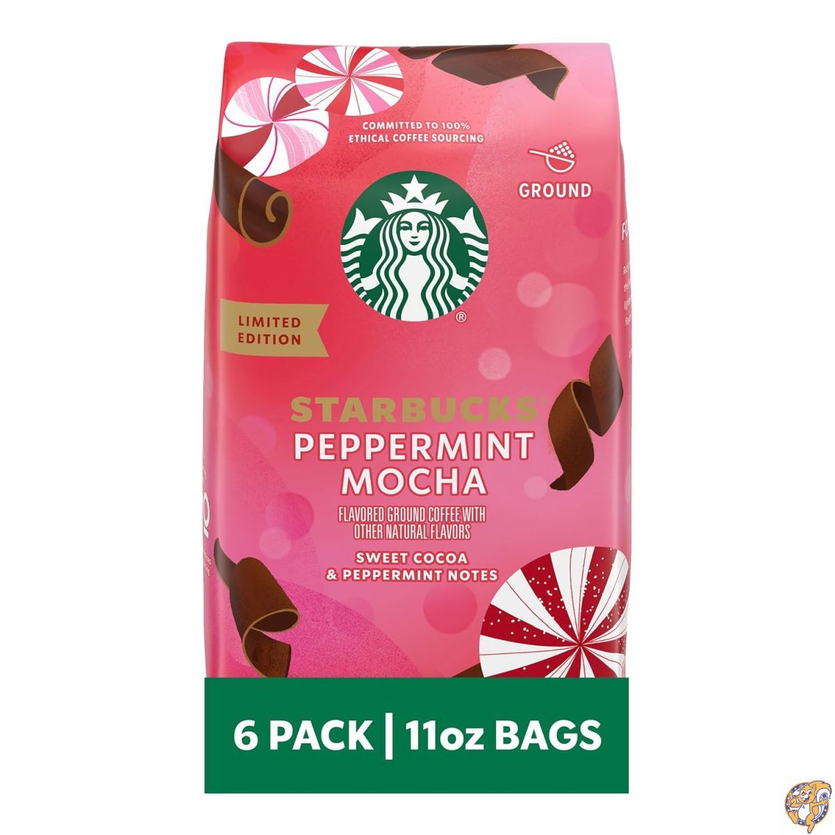 【クーポン配信中】Starbucks (スターバックス) コーヒー 粉 ペパーミントモカ フレーバーコーヒー 100%アラビカ豆 ホリデー限定版 11オンス (約311g) ×6袋|アメリカグッドバイブス