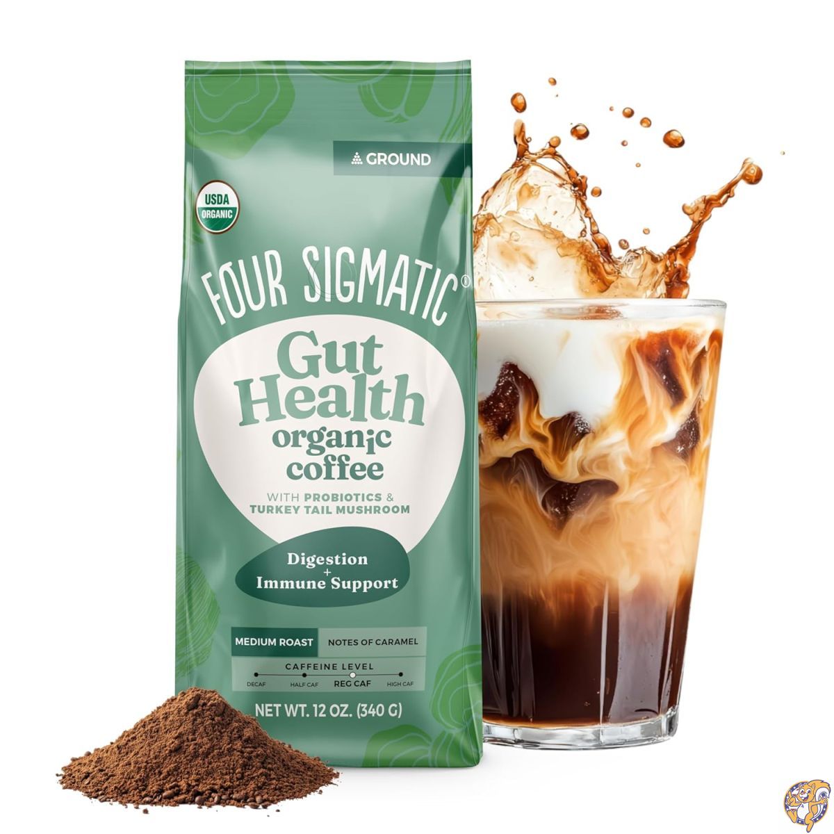 【クーポン配信中】Four Sigmatic Gut Health オーガニック コーヒー粉 ミディアムロースト チャーガ＆ターキーテイル配合の健康習慣をサポートする機能性コーヒー 12オンス (約340g) バッグ｜アメリカグッドバイブス