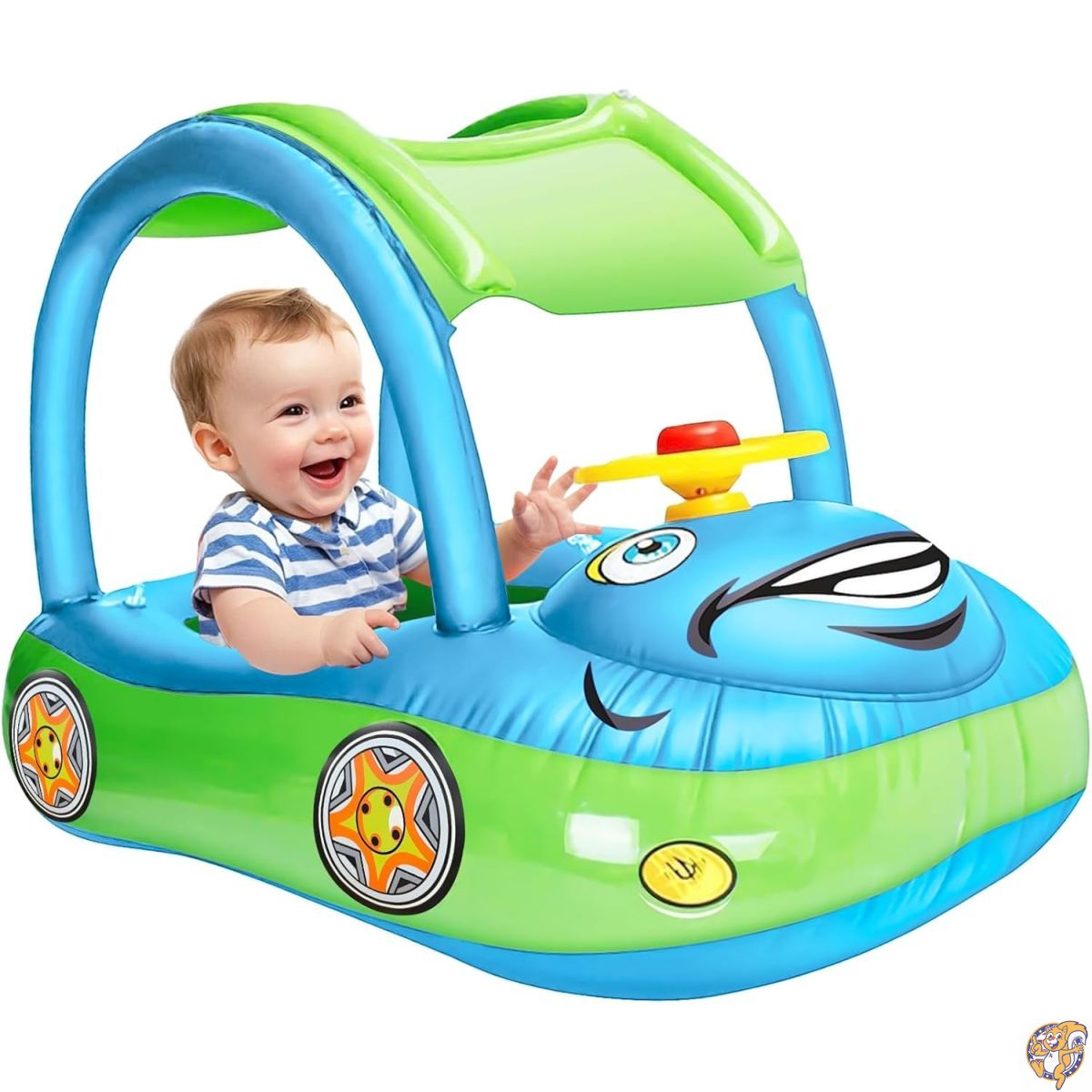 【最大限度2000円クーポン券10日～】iGeeKid ベビーインフレータブルプールフロート キャノピー付き添い人 車の形のみどり児用釣り浮き輪 日がさ付き添い人安全性のある居敷き付き添い人 赤ちゃん用 水浴び輪っか スウィミングプール 春の釣り浮き輪 夏の砂浜 露天命のせんたく