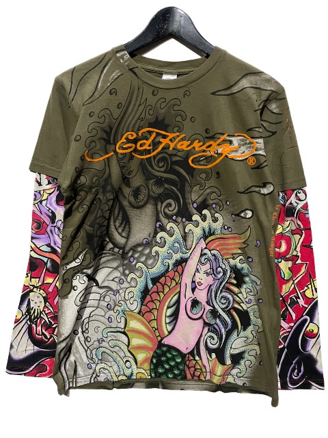 ロサンゼルスより入荷！ED HARDY ラインストーン L/S TEE ［OLIVE］エドハーディー ダブルスリーブロンT｜AMERICAN　DREAM