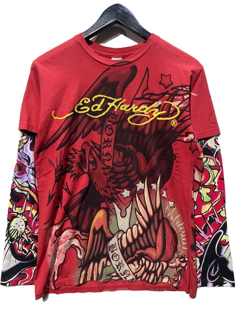 ED HARDY ラインストーンダブルスリーブ L/S TEE ［RED］イーグル｜AMERICAN　DREAM