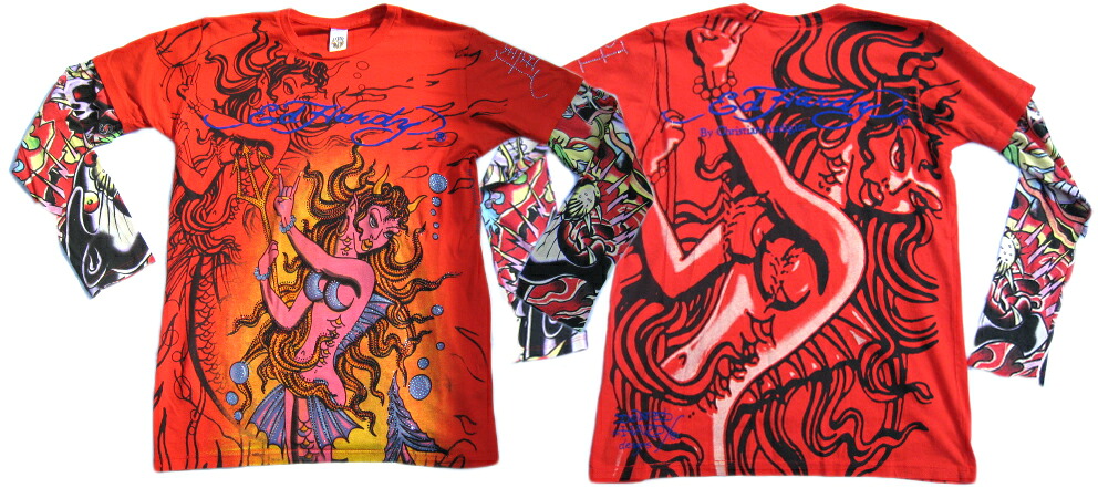 ED HARDY ラインストーン L/S TEE ［RED］ エドハーディー カットソー　Ｔシャツマーメイド