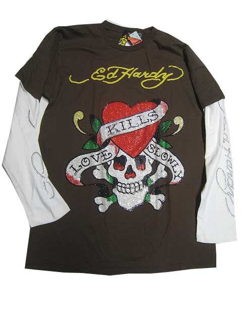 ED HARDY LOVE KILL SLOWLY[CHOCO] ラインストーンダブルスリーブL/S TEE エドハーディーＬ／ＳＴシャツ送料無料