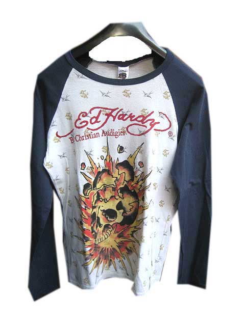 【ロサンゼルスより入荷！】 ED HARDY RAGLAN L/S TEE SHIRTS エドハーディー　スカルラグランシャツnavy