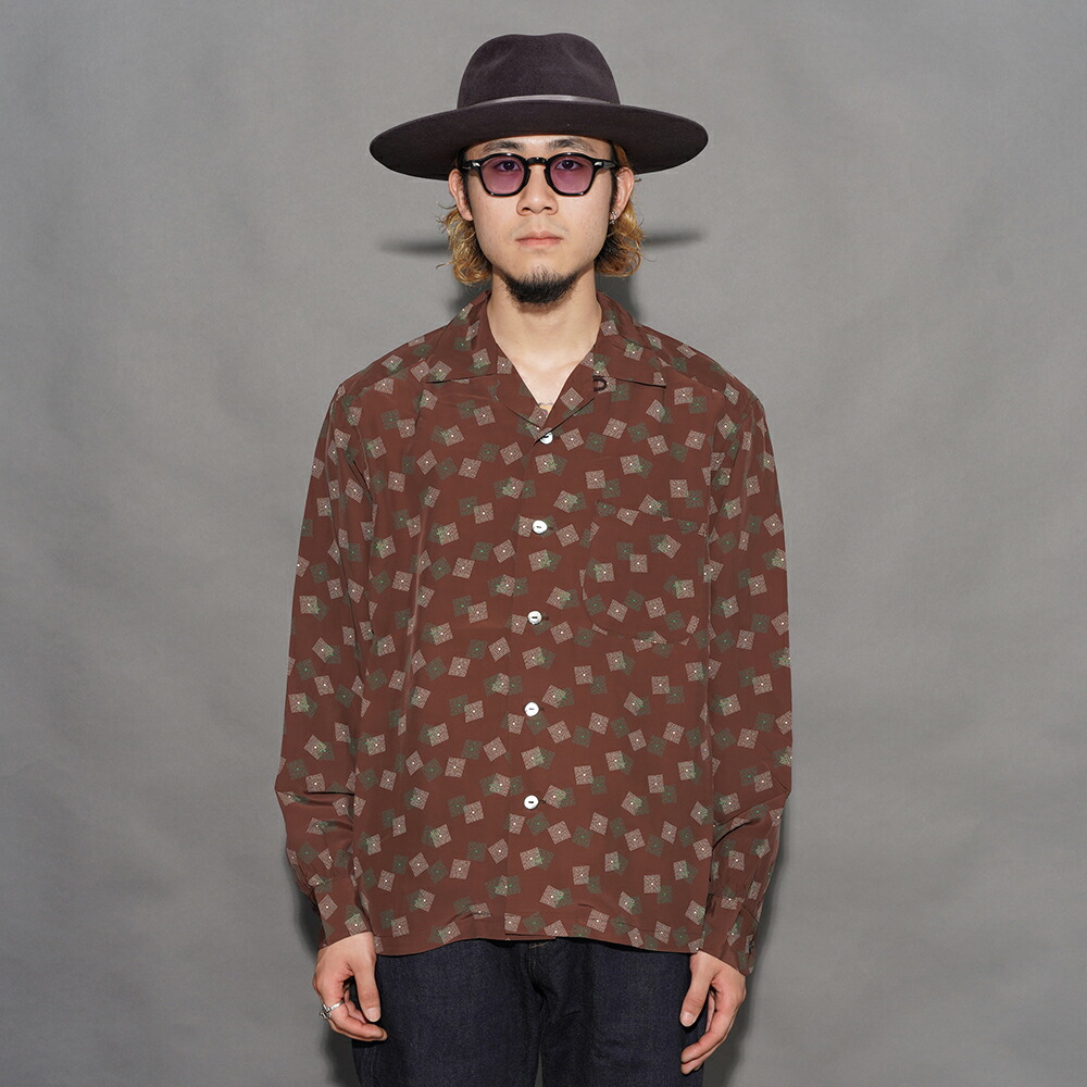 TROPHY CLOTHING トロフィークロージング /「Town Craft Rayon L/S Shirt / BROWN」細糸人絹L/Sプルオーバー / TR26SS-405 /  プルオーバー / 総柄 / 人絹 / 長袖 / 心地よい / アメカジ