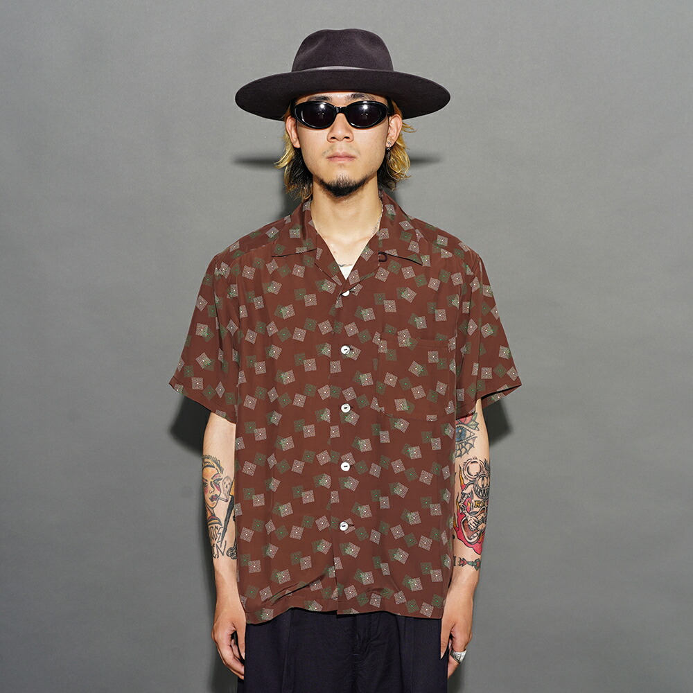 TROPHY CLOTHING トロフィークロージング /「Town Craft Rayon S/S Shirt / BROWN」オープンカラーS/Sシャツ / TR26SS-410 / シャツ / 総柄 / レーヨン / 半袖 / カジュアル / アメカジ｜AMERICAN WANNABE