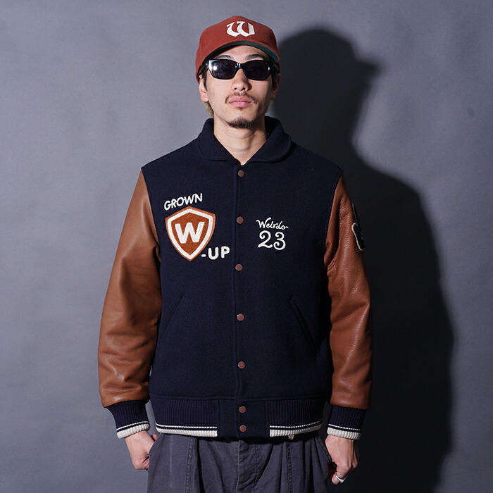 WEIRDO ウィアード /「Weirdo - STADIUM JACKET / NAVY」闘技場上衣 /  WRD5302 / MEN\u0027S メンズ / 上衣 / アウター / スタジャン / アワード上衣 / 本革 / メルトン  / 長袖 / 心地よい / アメカジ