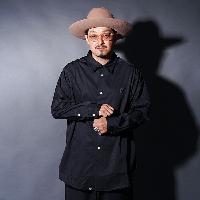 AMERICAN WANNABE アメリカンワナビー「GRANDPA SHIRT /  BLACK」グランパシャツ AWS-250102 メンズ セットアップ ティーシャツ アメカジメンズ 長袖 ルーズシルエット メンズセットアップ ブランド名 アメカジ