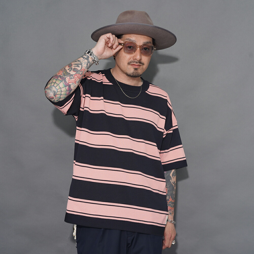 NASTOYS ナストイズ /「Border Crew Neck S/S Knit / PINK×BLACK」ボーダークルーネックS/S編み物 / NTCO-260101 / MEN\u0027S メンズ / 編み物 / スウェーター / 間借り人 / ビックシルエット / 労働者の一団のど首 / 半袖 / 心地よい / アメカジ
