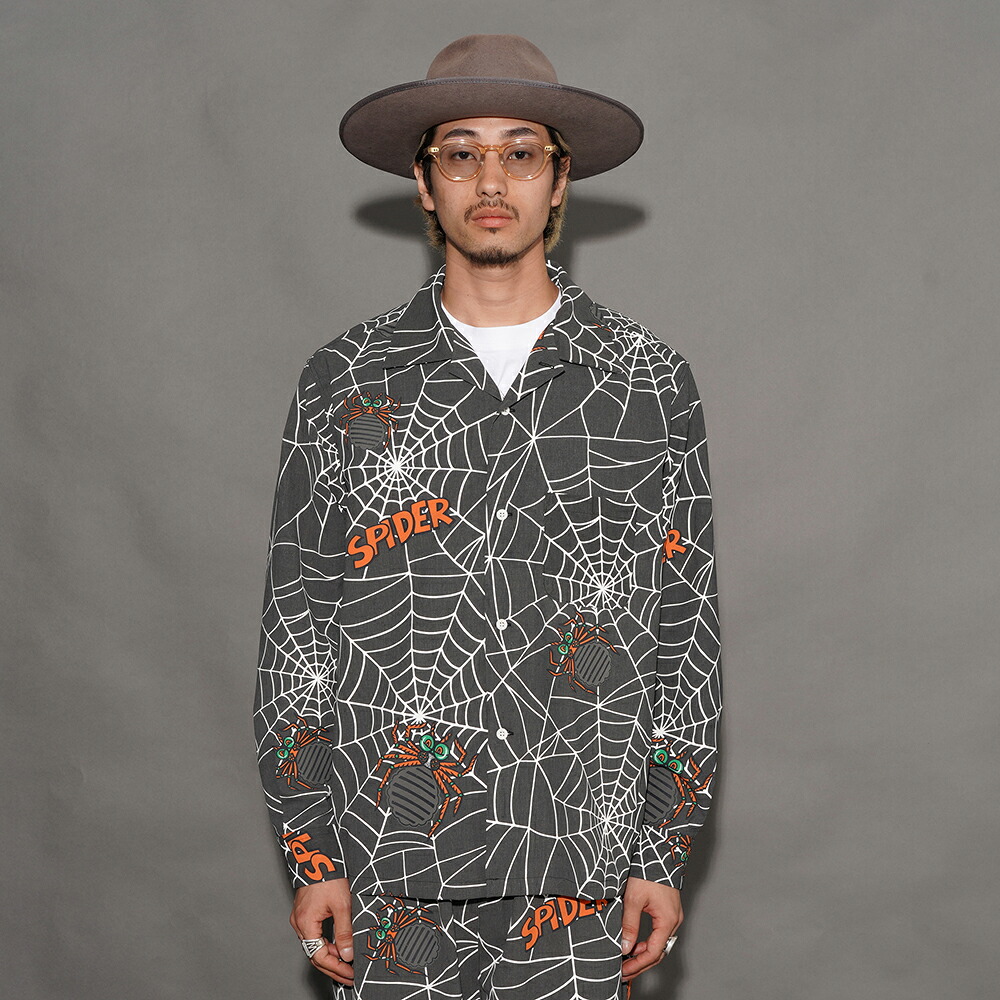 WEIRDO ウィアード /「SPIDER - L/S SHIRTS / BLACK」オリジナルポリエステル生地L/Sシャツ /  WRD6107 / MEN メンズ / 総柄 / アロハ / セットアップ /  長袖 / カジュアル / アメカジ