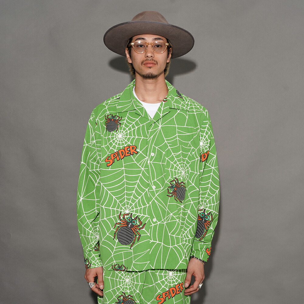 WEIRDO ウィアード /「SPIDER - L/S SHIRTS / GREEN」オリジナルポリエステル生地L/Sシャツ /  WRD6107 / MEN メンズ / 総柄 / アロハ / セットアップ /  長袖 / カジュアル / アメカジ