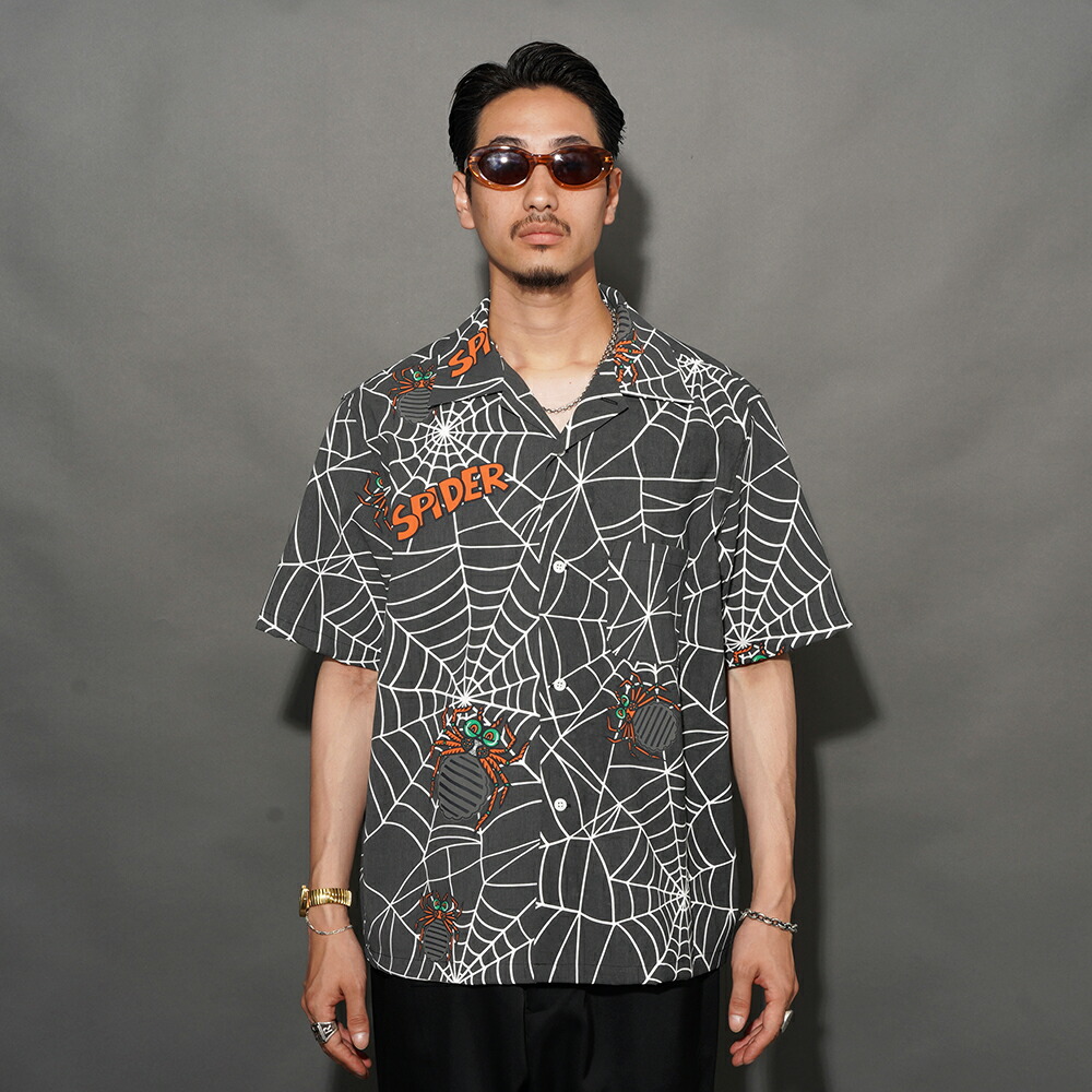 WEIRDO ウィアード /「SPIDER - S/S SHIRTS / BLACK」事あたらしいポリエステル出どころS/Sティーシャツ /  WRD6108 / MEN\u0027S メンズ / 総柄 / アロハ / セットアップ /  半袖 / 心地好い / アメカジ