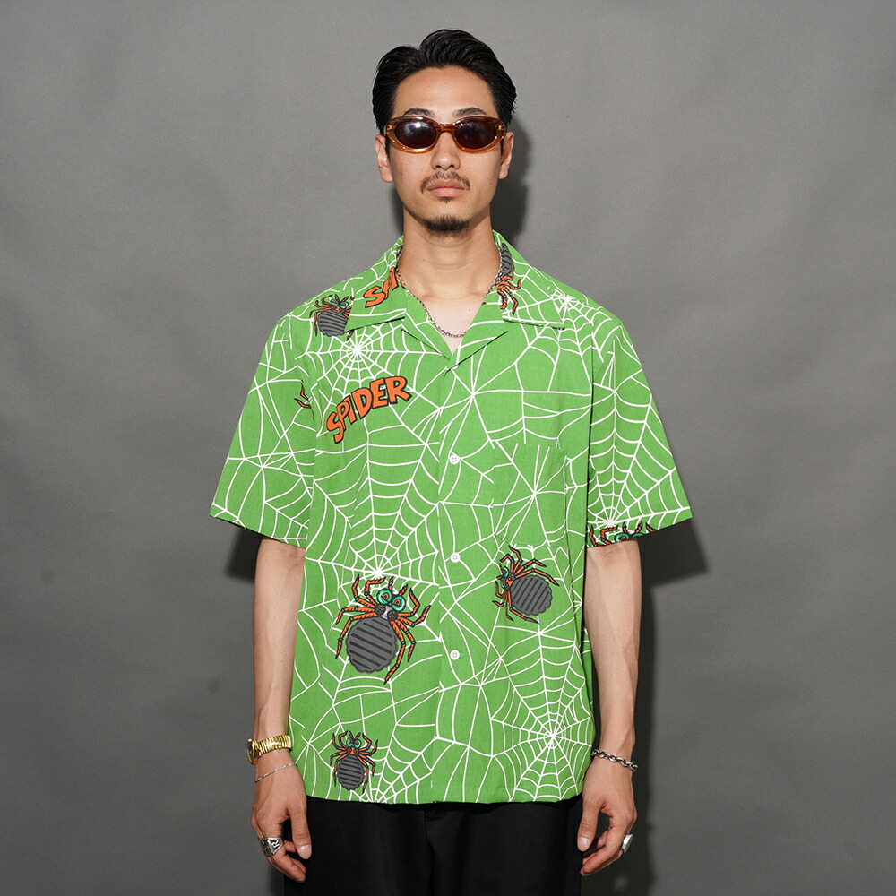 WEIRDO ウィアード /「SPIDER - S/S SHIRTS / GREEN」事あたらしいポリエステル出どころS/Sティーシャツ /  WRD6108 / MEN\u0027S メンズ / 総柄 / アロハ / セットアップ /  半袖 / 心地好い / アメカジ