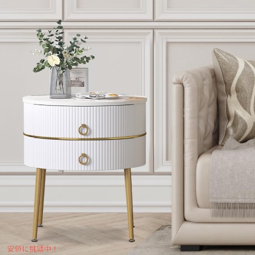 【最大2000円OFF 4/10金1:59まで】O&K FURNITURE 大理石ラウンドエンドテーブル 引き出し2個付き ホワイト＆ゴールド Marble Round End Table with 2 Drawers, White & Gold