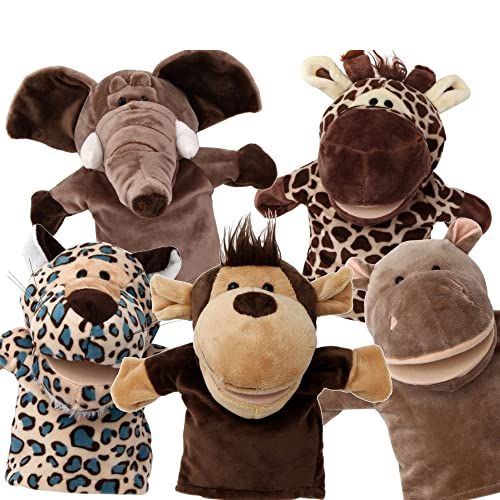 Silly Puppets 5点仕掛ける 毛の荒物ハンドパペット モビール式の口 / エテ公、象さん、麒麟、河馬、ヒョウ