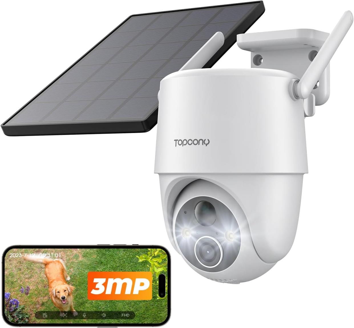 Topcony ソーラーセキュリティカメラ ワイヤレス屋外、2K 3MP パンチルトソーラーカム、2.4GHz WiFi、AI 検出、カラーナイトビジョン、双方向トーク、ハブ不要、早送り、IP65 防水、手数料無料