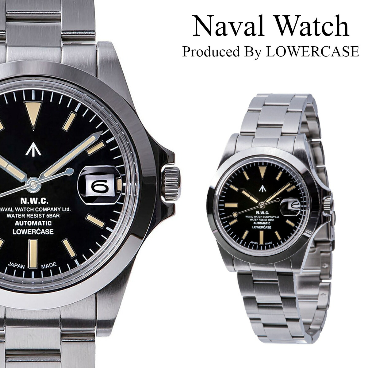 【 NAVAL WATCH ： FRXA001 】エクスプローラータイプ ナバルウォッチ 3連メタルバンド 腕時計 オートマチック 自動巻き 日本製 / NAVALWATCH Produced by LOWERCASE ｜ 正規店 カジュアル シルバー 黒 ブランド アメカジ バイカー Mechanical S/S 3 links Metal band 30,030円