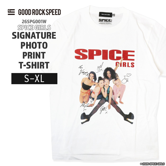 グッドロックスピード GOOD ROCK SPEED シグネチャーフォトプリントTシャツ 26SPG001W スパイスガールズ 半袖 半袖Tシャツ 綿100% コットン プリントT プリント グラフィック サイン 背面無地 音楽T 歌手 アーティスト メンズ レディース ユニセックス 夏服 クルーネック