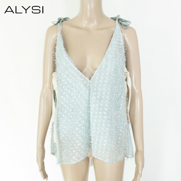 『百貨店SALE銀行割引客体』85%OFF 新品 アリジ ALYSI トップス 42 ECS1258 L大いさ ともし火青碧 レディース ノースリーブトップス ラメ糸 イタリア製