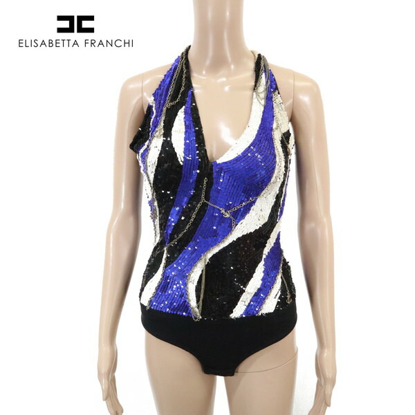 90%OFF 訳あり 新品 エリザベッタフランキ ELISABETTA FRANCHI トップス 40 ECS1012 Mサイズ 青 黒 白 レディース スパンコール アウトレット|エーエムアイクローズ店