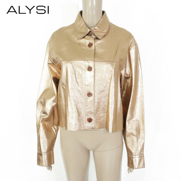 『百貨店SALE銀行割引客体』85%OFF 新品 アリジ ALYSI 上衣 42 EJK366 L大きさ ブロンズ レディース レザージャケットアウター 羊革 金属元素 遊撃手丈