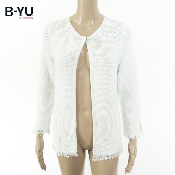 『百貨店SALE銀行割引客体』75%OFF 新品 BE YOU SOON B.yu 編み物 M EKN789 M大いさ 白いこと レディース ジレー 長袖 トップス スパンコール フリンジ イタリア製
