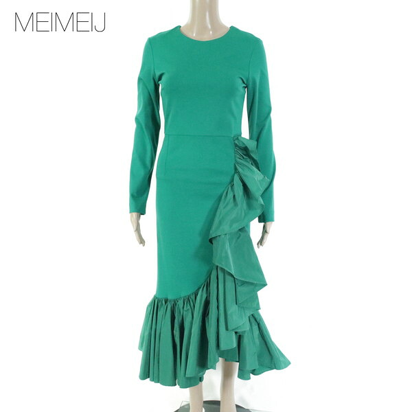 80%OFF 新品 メイメイジェイ MEIMEI J ワンピース 36 EOP1732 XSサイズ グリーン レディース ロングワンピース 長袖 裾フレア イタリア製