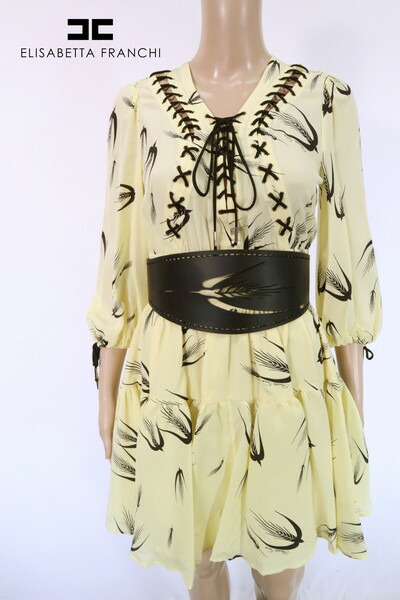 80 Off 新品 エリザベッタフランキ Elisabetta Franchi 壱薄切 38 Eop8 S大いさ 黄色であること レディース 絹布 ワンピース 八min舞台裏 イタリア製 牛皮なめし革マテリアルの三尺帯付 シルク素材の袖付きワンピース Plataformapuma Com
