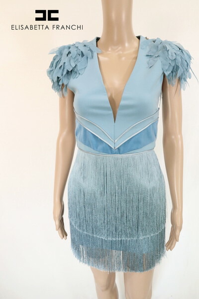 80 Off 新品 エリザベッタフランキ Elisabetta Franchi ワン治 40 Eop5 S号 青味 レディース フリンジワンピース イタリア共和国製 フリンジ考案の輸入ワンピース Maxtrummer Edu Co