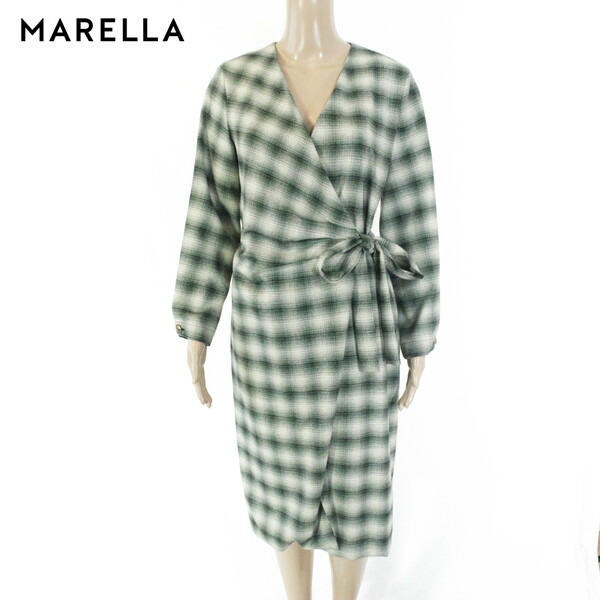 80%OFF 新品 マレーラ MARELLA ワンピース 40 EOP1618 Mサイズ ブラック オフホワイト レディース 長袖ワンピース 巻きスタイル 膝下ミディ丈