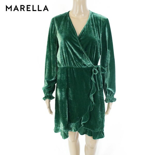 80%OFF 新品 マレーラ MARELLA ワンピース 42 EOP1620 M Lサイズ グリーン レディース 長袖ワンピース ベルベット 巻きスタイル