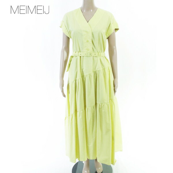80%OFF 新品 メイメイジェイ MEIMEI J 衣裳 40 EOP1851 M大いさ 黄色 レディース 半袖ロング衣裳 綿織物 イタリア製