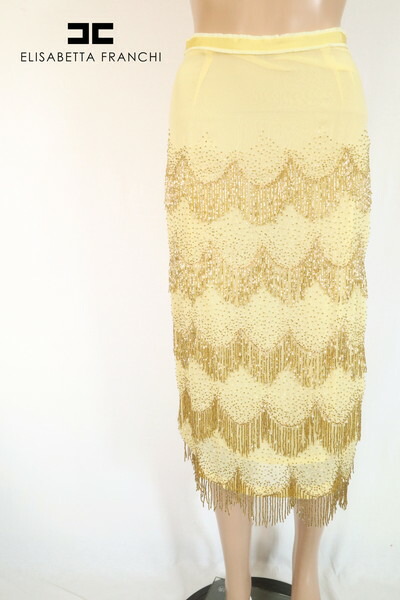 90%OFF 新品 エリザベッタフランキ ELISABETTA FRANCHI スカート 40 ESK358 Sサイズ イエロー レディース ビーズ刺しゅうスカート 膝下丈 アウトレット